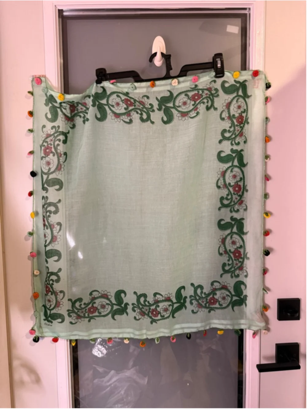 Keskin Light Green Floral Square Scarf with Flower Trim